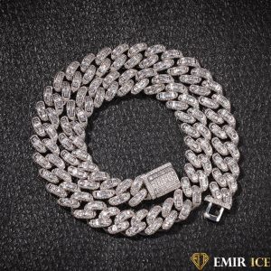 CHAINE CUBAINE DIAMANT BAGUETTE OR BLANC - 14MM