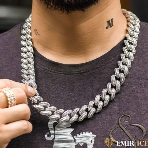 CHAINE CUBAINE EN DIAMANT BAGUETTE OR BLANC - 18MM